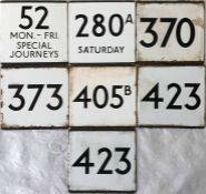 Quantity (7) of London Transport bus stop enamel E-PLATES comprising 52 Mon-Fri Special Journeys,