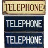 Pair of GPO ENAMEL SIGNS 'Telephone', the first, single-sided, from a 1920s K1 telephone box and