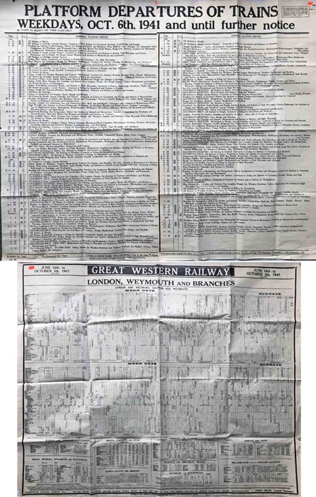 1941 wartime 2-part quad-royal PLATFORM DEPARTURES POSTER from Paddington Station plus 1947 Great