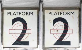 London Underground ENAMEL SIGN 'PLATFORM 2', a double-sided hanging sign featuring the traditional