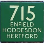 London Transport coach stop enamel E-PLATE for Green Line route 715 destinated Enfield, Hoddesdon,
