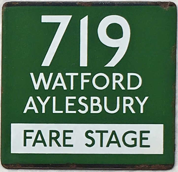 London Transport coach stop enamel E-PLATE for Green Line route 719 destinated Watford, Aylesbury,