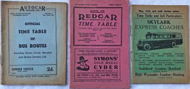 Selection (3) of 1930s BUS/COACH TIMETABLE BOOKLETS comprising Autocar Services Ltd, Tunbridge