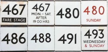 Selection (8) of London Transport bus stop enamel E-PLATES comprising routes 467 Fare Stage, 467
