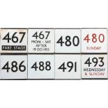 Selection (8) of London Transport bus stop enamel E-PLATES comprising routes 467 Fare Stage, 467