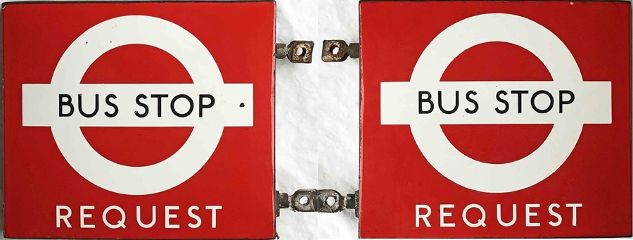 1950s/60s London Transport enamel BUS STOP FLAG, the 'request' version. A double-sided, hollow, '