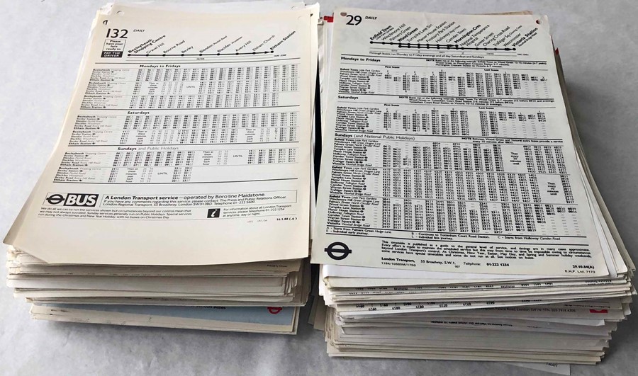 Very large quantity (1000+) of London Transport BUS STOP PANEL TIMETABLES for a wide variety of