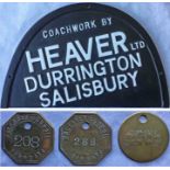 Selection of bus/tram hardware comprising a cast-alloy BUS BUILDER'S PLATE 'Coachwork by Heaver Ltd,