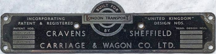 London Transport RT bus BODYBUILDER'S PLATE for Cravens Carriage & Wagon Co Ltd, Sheffield from