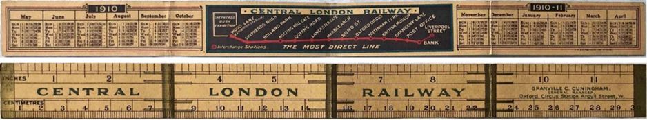 1910/11 Central London Railway miniature, fold-out MAP with CALENDAR & RULER. Printed on card, opens