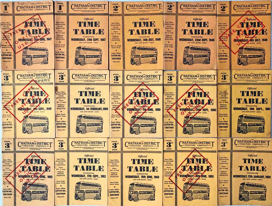 Selection (15) of 1947-55 Chatham & District Traction Company TIMETABLE BOOKLETS, all different