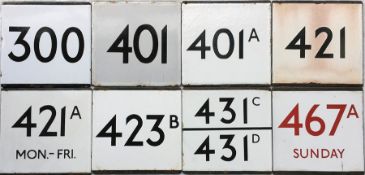 Selection (8) of London Transport bus stop enamel E-PLATES comprising routes 300, 401 (early-style