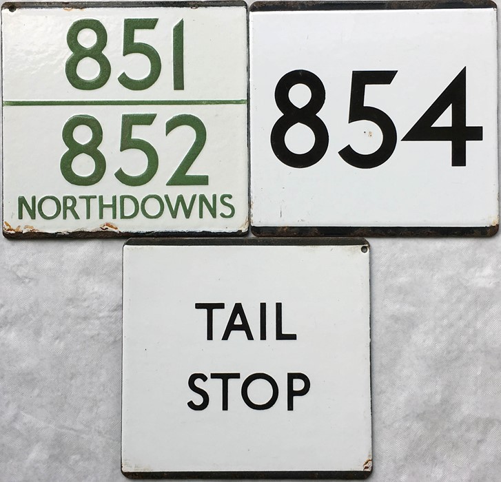 Selection (3) of London Transport bus stop enamel E-PLATES comprising 851/852 'Northdowns' (green