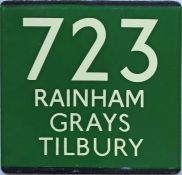 London Transport coach stop enamel E-PLATE for Green Line route 723 destinated Rainham, Grays,