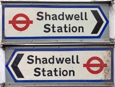 c1970s/80s local authority, aluminium DIRECTIONAL SIGN 'Shadwell Station' with London Transport