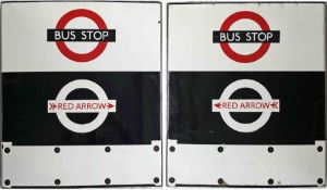 1960s London Transport enamel BUS & RED ARROW STOP FLAG, for standard bus services and Red Arrows on