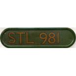 London Transport bonnet FLEETNUMBER PLATE from Country bus STL 981B, a Chiswick-bodied, front-