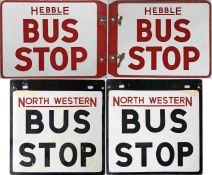 Pair of double-sided enamel BUS STOP FLAGS, the first from Hebble Motor Services (13.5" x 10" or