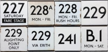 Selection (8) of London Transport bus stop enamel E-PLATES comprising routes 227 Saturday Fare