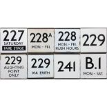 Selection (8) of London Transport bus stop enamel E-PLATES comprising routes 227 Saturday Fare