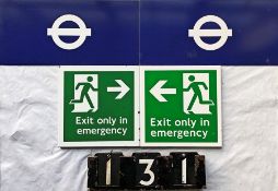 London Underground items comprising a matched pair of flanged ENAMEL SIGNS 'Exit only in