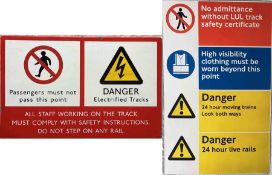 Pair of London Underground enamel WARNING SIGNS as located at the ends of platforms. The first is