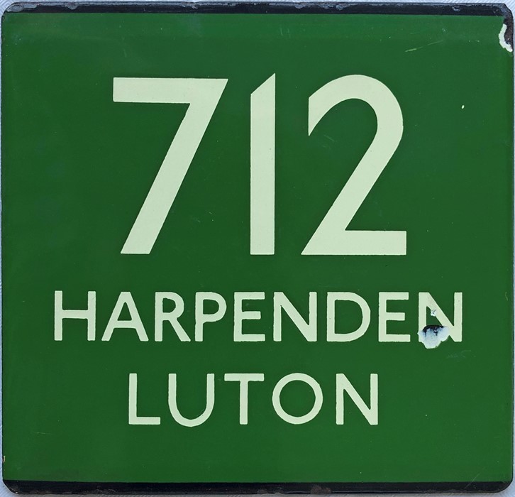 London Transport coach stop enamel E-PLATE for Green Line route 712 destinated Harpenden, Luton.