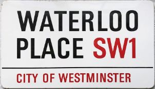 1960s/70s City of Westminster enamel STREET SIGN from Waterloo Place, SW1 which crosses Pall Mall in