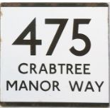 London Transport bus stop enamel E-PLATE for route 475 destinated Crabtree Manor Way. This route was