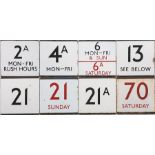 Selection (8) of London Transport bus stop enamel E-PLATES comprising routes 2A Mon-Fri Rush