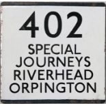 London Transport bus stop enamel E-PLATE for route 402 annotated Special Journeys, Riverhead,