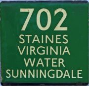London Transport coach stop enamel E-PLATE for Green Line route 702 destinated Staines, Virginia