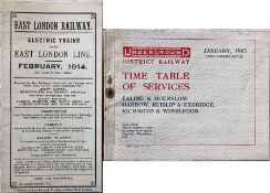 Pair of early London Underground TIMETABLES comprising February 1914 East London Railway fold-out