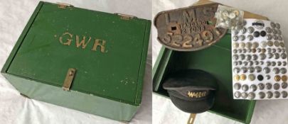 A wooden LOCKER BOX marked 'GWR' containing an ENGINE DRIVER'S CAP with 'WHR' badge (West or Welsh