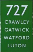 London Transport coach stop enamel E-PLATE for Green Line route 727 destinated Crawley, Gatwick,