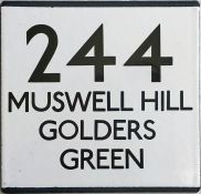 London Transport bus stop enamel E-PLATE for route 244 destinated Muswell Hill, Golders Green.