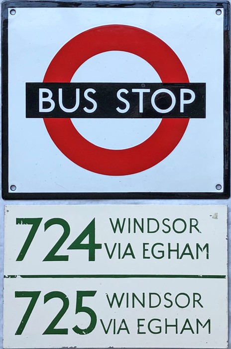 Pair of London Transport SIGNS comprising an enamel BUS STOP FLAG, single-sided, measuring 12" x