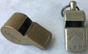 Pair of pre-Grouping railway 'Thunderer' WHISTLES, the first marked 'G N Ry' (Great Northern