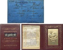Pair of RAILWAY PASSES comprising an 1851 folding-card monthly pass issued by the Eastern Counties