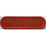 London Transport RT bus BONNET FLEETNUMBER PLATE from RT 392. The original bus to carry this number,