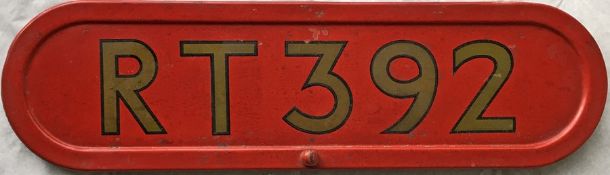 London Transport RT bus BONNET FLEETNUMBER PLATE from RT 392. The original bus to carry this number,