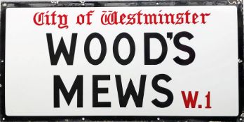 1950s City of Westminster enamel STREET SIGN from Wood's Mews, W1, a residential street in Mayfair