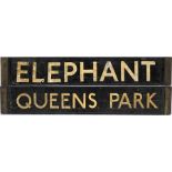 London Underground Standard or 1938 Tube Stock enamel DESTINATION PLATE for Elephant/Queens Park