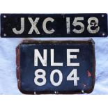 Pair of London Transport RT-type bus REGISTRATION PLATES comprising the front plate JXE 158, ex-RT