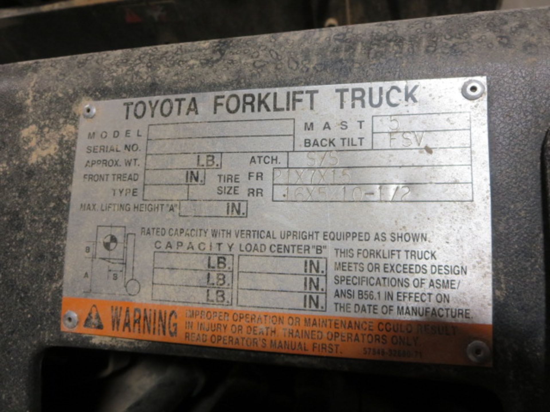 Toyota 4500LB Cap LP Forklift, OROPS, 3-Tier Mast, Side Shift, Work Lights, 48in. Forks, 9810 Hours - Image 8 of 8