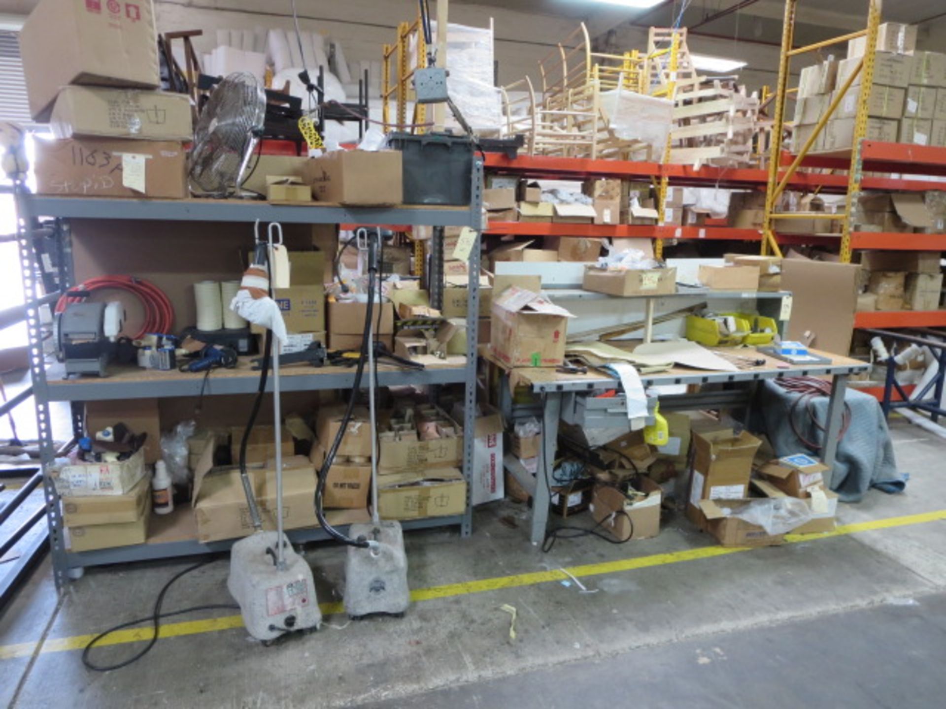 Lot of Work Benches and Racks, Includes Contents