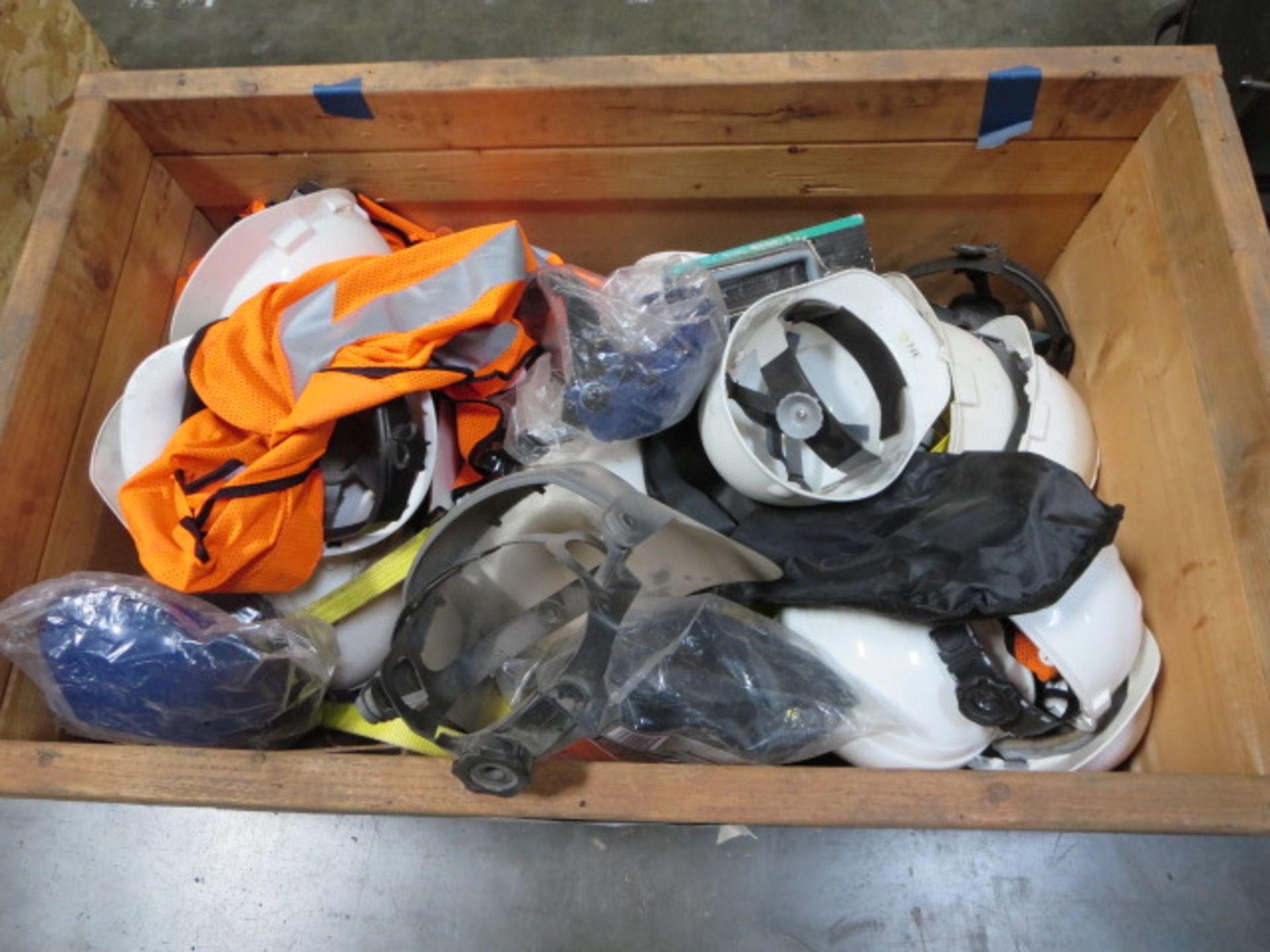 Lot of Safety Gear, Hi Vis Vests, Hard Hats, Harnesses, Contents of Crate