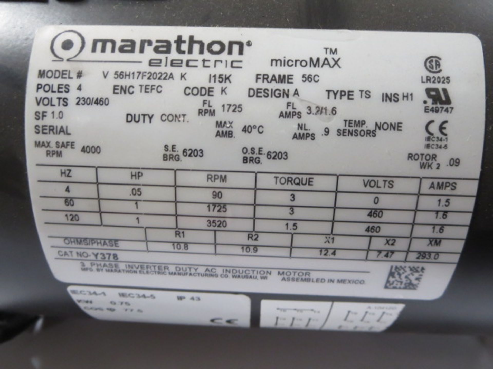 Marathon Micro Max Inverter Duty Motor, 3 Phase, 120Hz, model V56H17F2022A K - Image 2 of 2