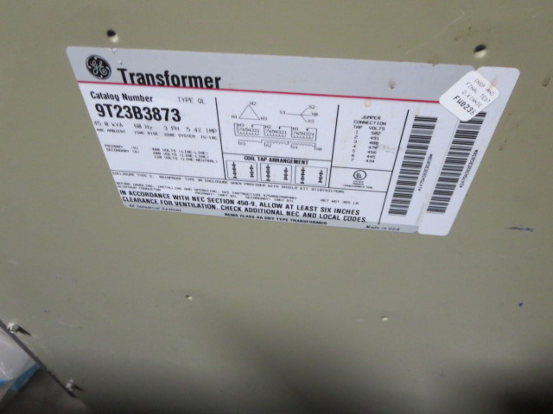 GE Transformer, 3 Phase, 480V, model 9T23B3873, with Breaker Box - Bild 3 aus 3