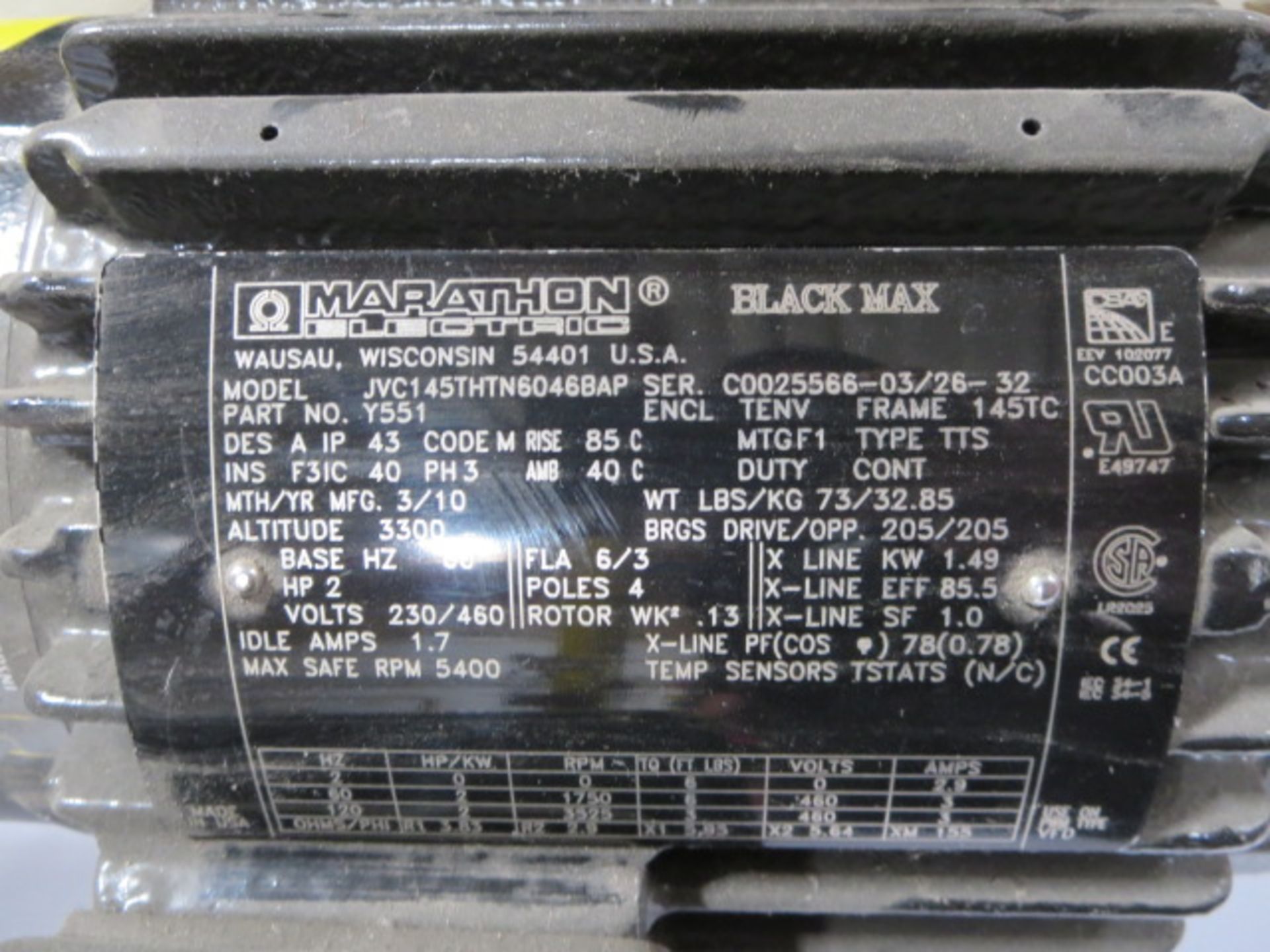 Marathon Black Max Inverter Duty Motor, 3 Phase, 120Hz, model JVC145THTN6046BAP - Image 2 of 2